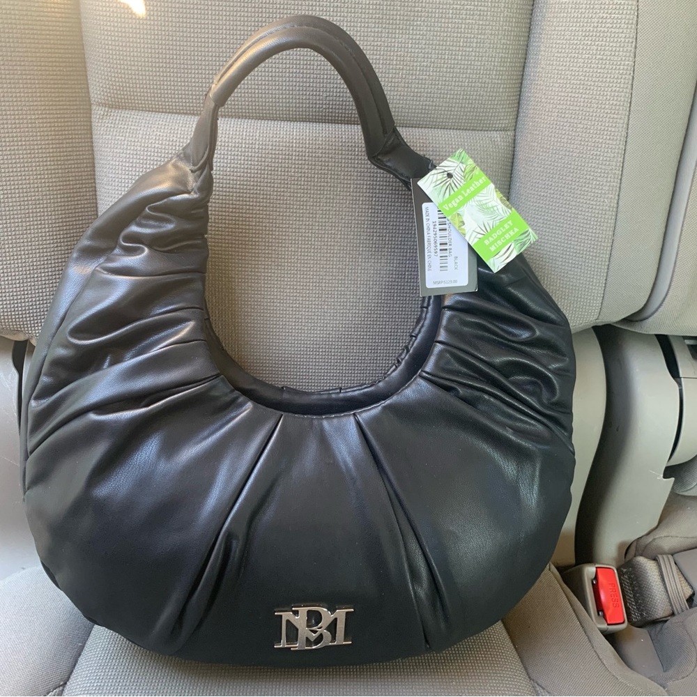 Badgley Mischka Black Vegan/Faux Leather Pleated Moon Hobo Shoulder Bag